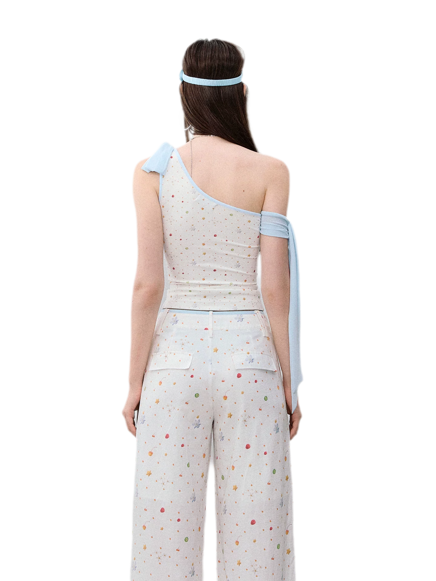 Printed Mesh One-Shoulder Tie Tank