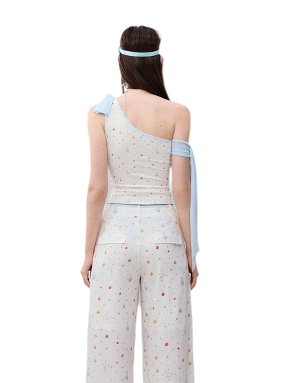 Printed Mesh One-Shoulder Tie Tank