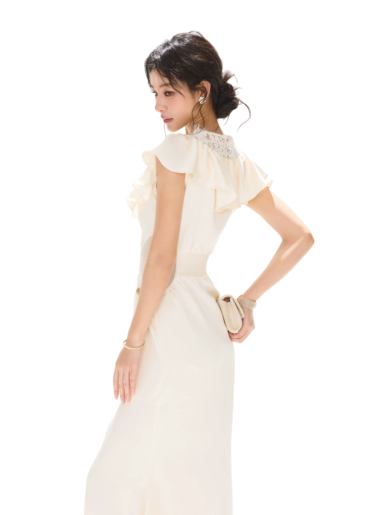 Lace V-Neck Ruffled Waist-Detail Midi Dress