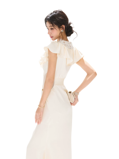 Lace V-Neck Ruffled Waist-Detail Midi Dress