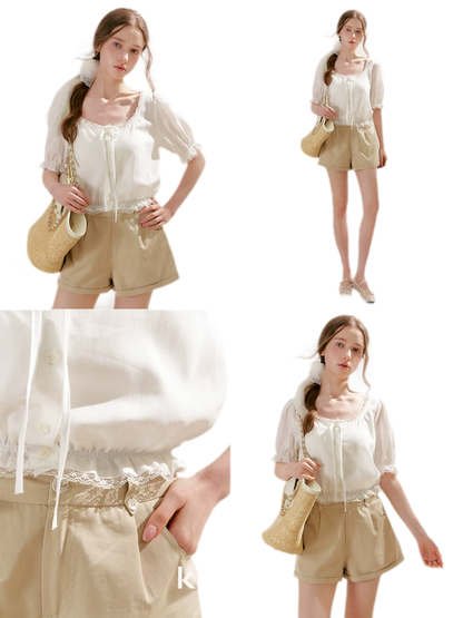 Lace Trim Puff Sleeve T-Shirt