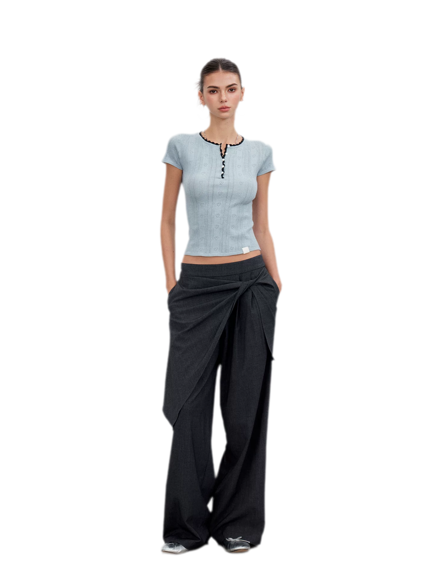 Twisted Overlay Wide-Leg Trousers