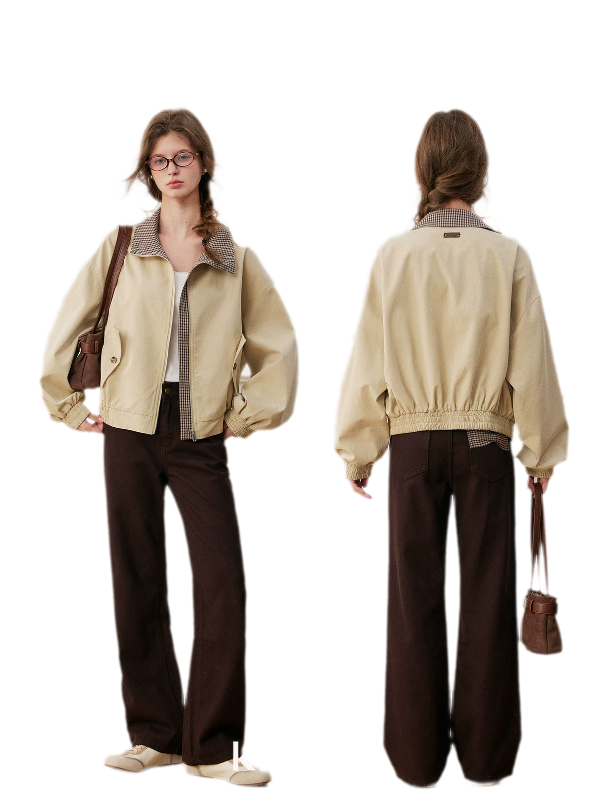 Cotton Contrast Plaid Bow Jeans