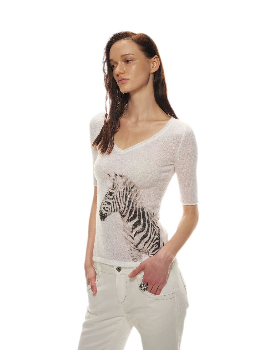 Stylish Zebra Print V-Neck Mohair Wool Blend Sweater
