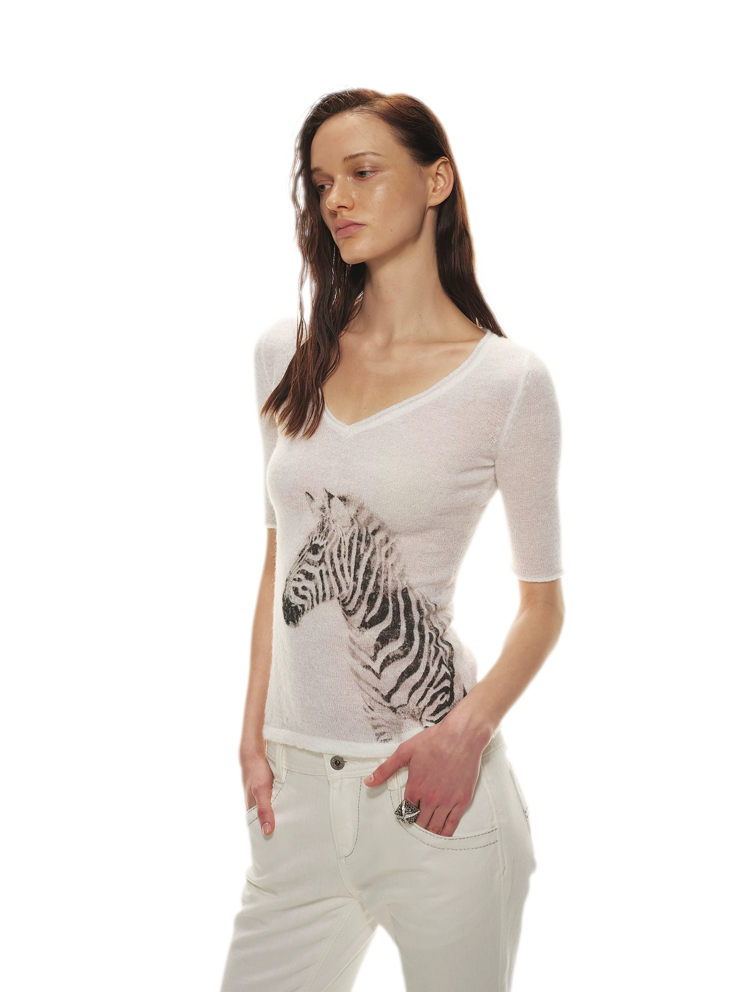 Stylish Zebra Print V-Neck Mohair Wool Blend Sweater