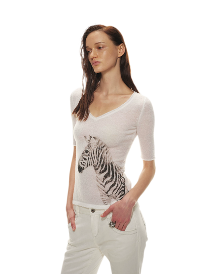 Stylish Zebra Print V-Neck Mohair Wool Blend Sweater