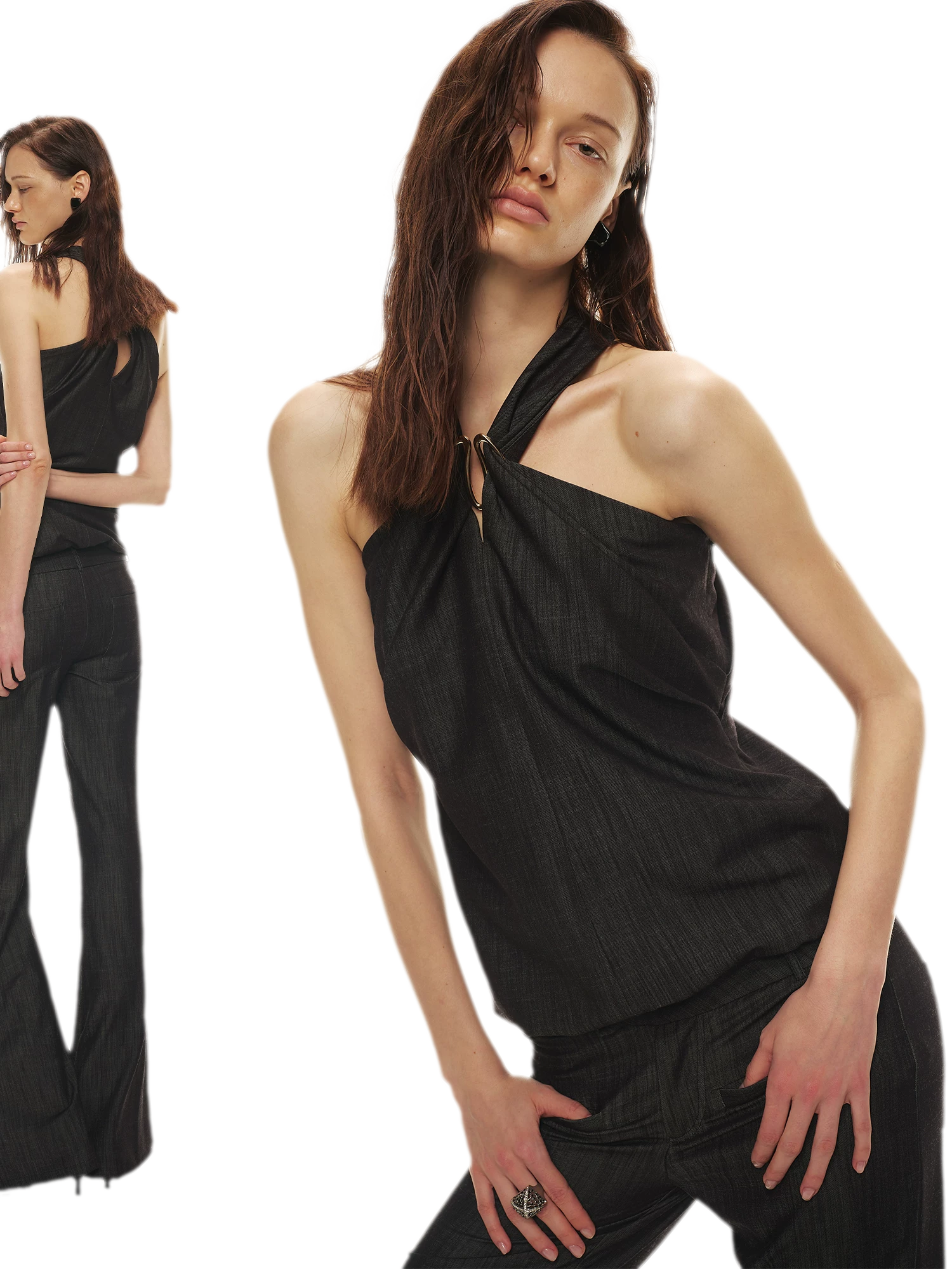 Tencel Hollow Halter Top &amp; Flared Pants Set