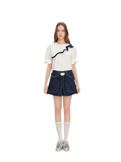 Bow Lace Denim Skort