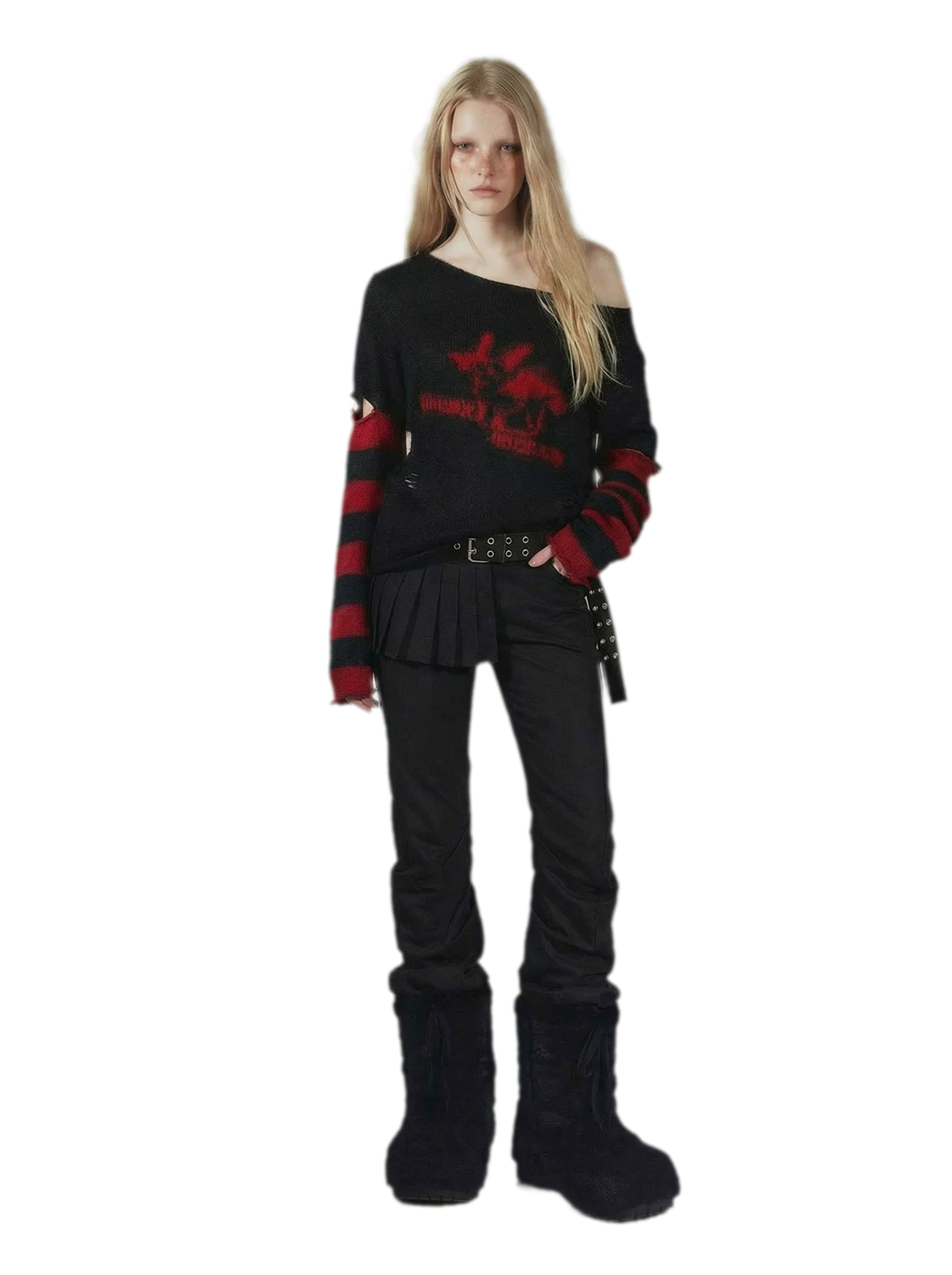 Distressed Graphic Off-Shoulder Knit