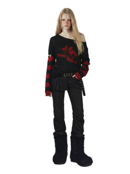 Distressed Graphic Off-Shoulder Knit