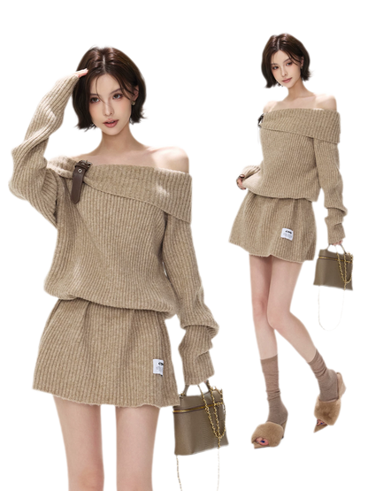 Aufgerautes geripptes One-Shoulder-Strickkleid
