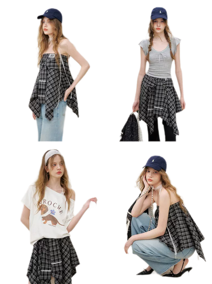 Asymmetric Lace Patchwork Plaid Skirt/Top