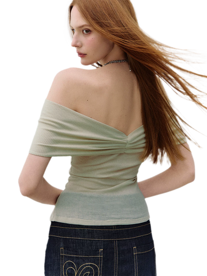 Off-Shoulder Ribbed Twist T-Shirt