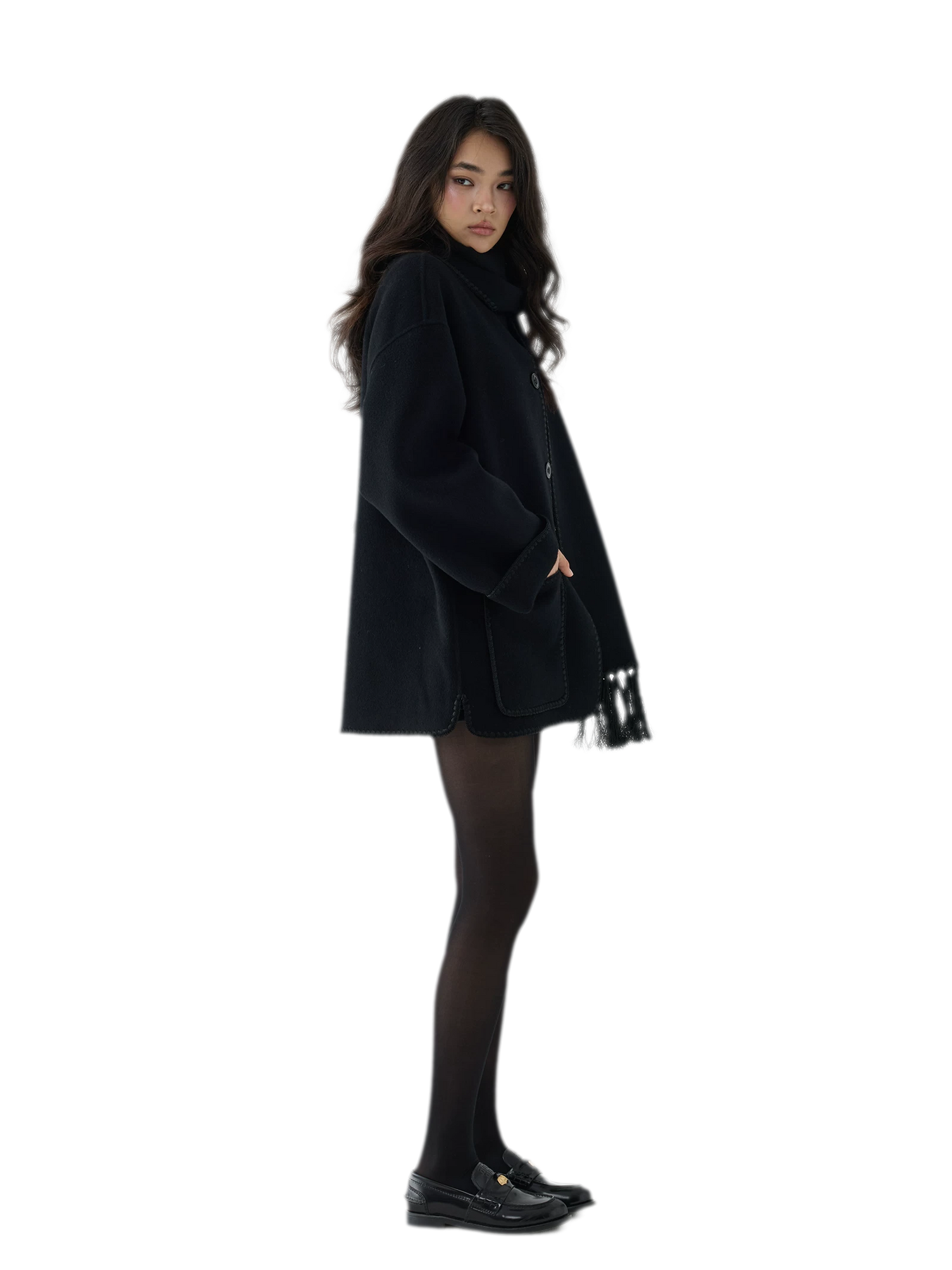 Double-Faced Wool Fringe Cape Coat