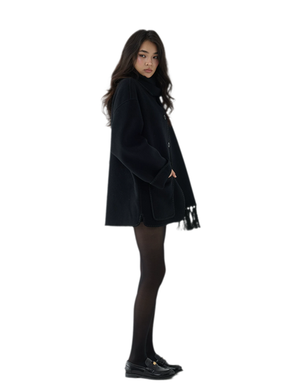 Double-Faced Wool Fringe Cape Coat