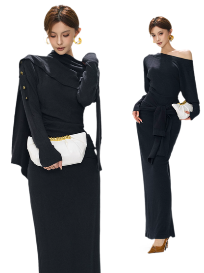 Textured Ruched Shawl Knit Set