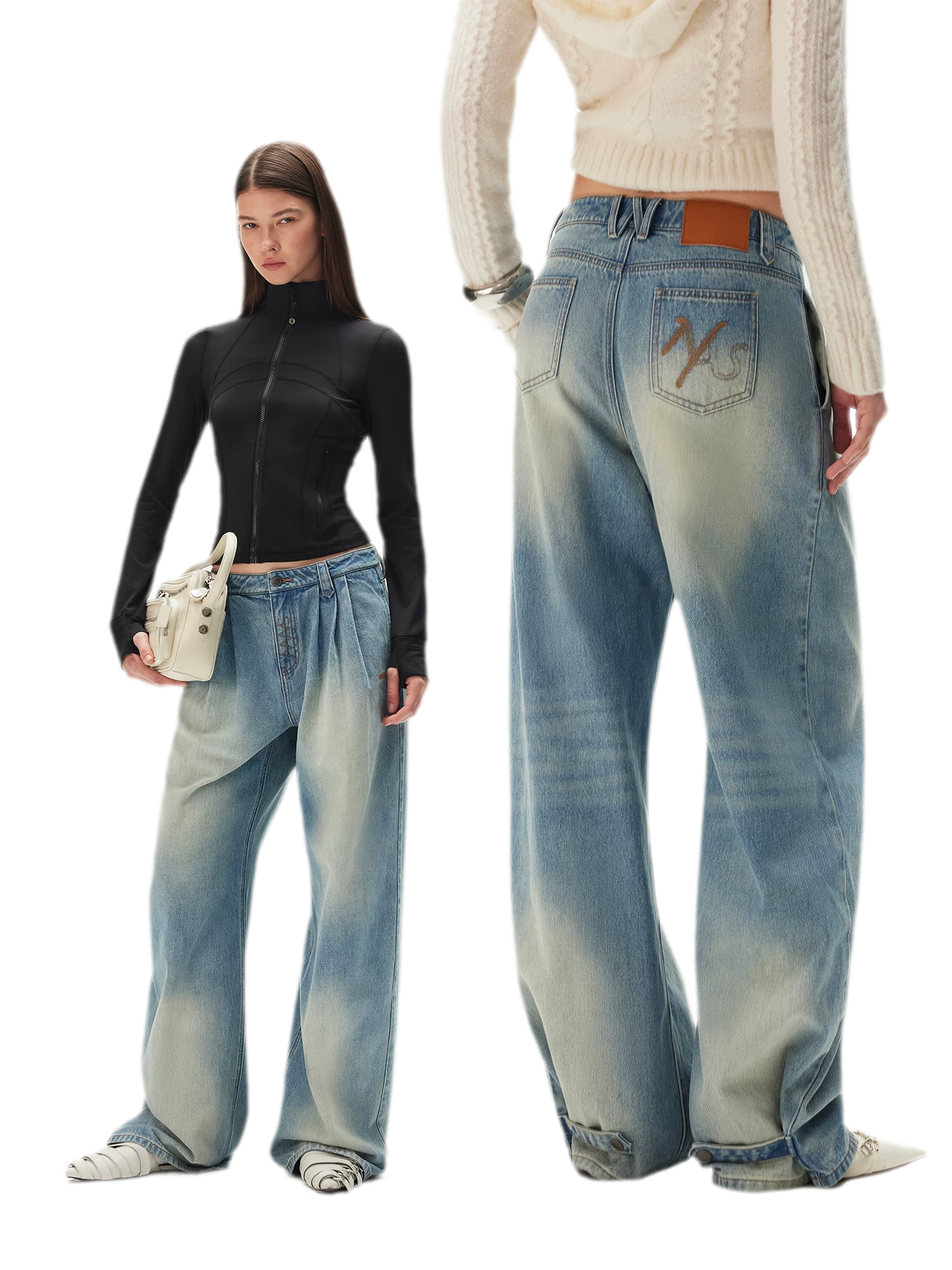Washed Pleated Wide-Leg Jeans