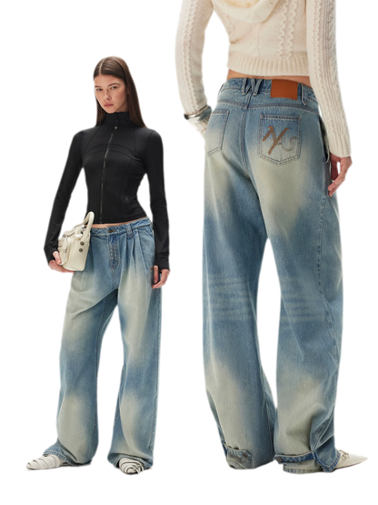 Washed Pleated Wide-Leg Jeans