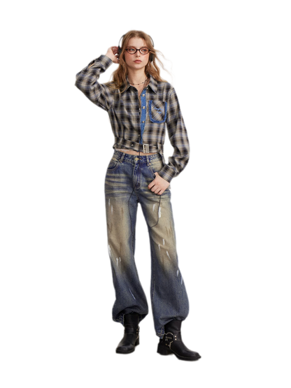Fringe Plaid Cropped Shirt Jacket