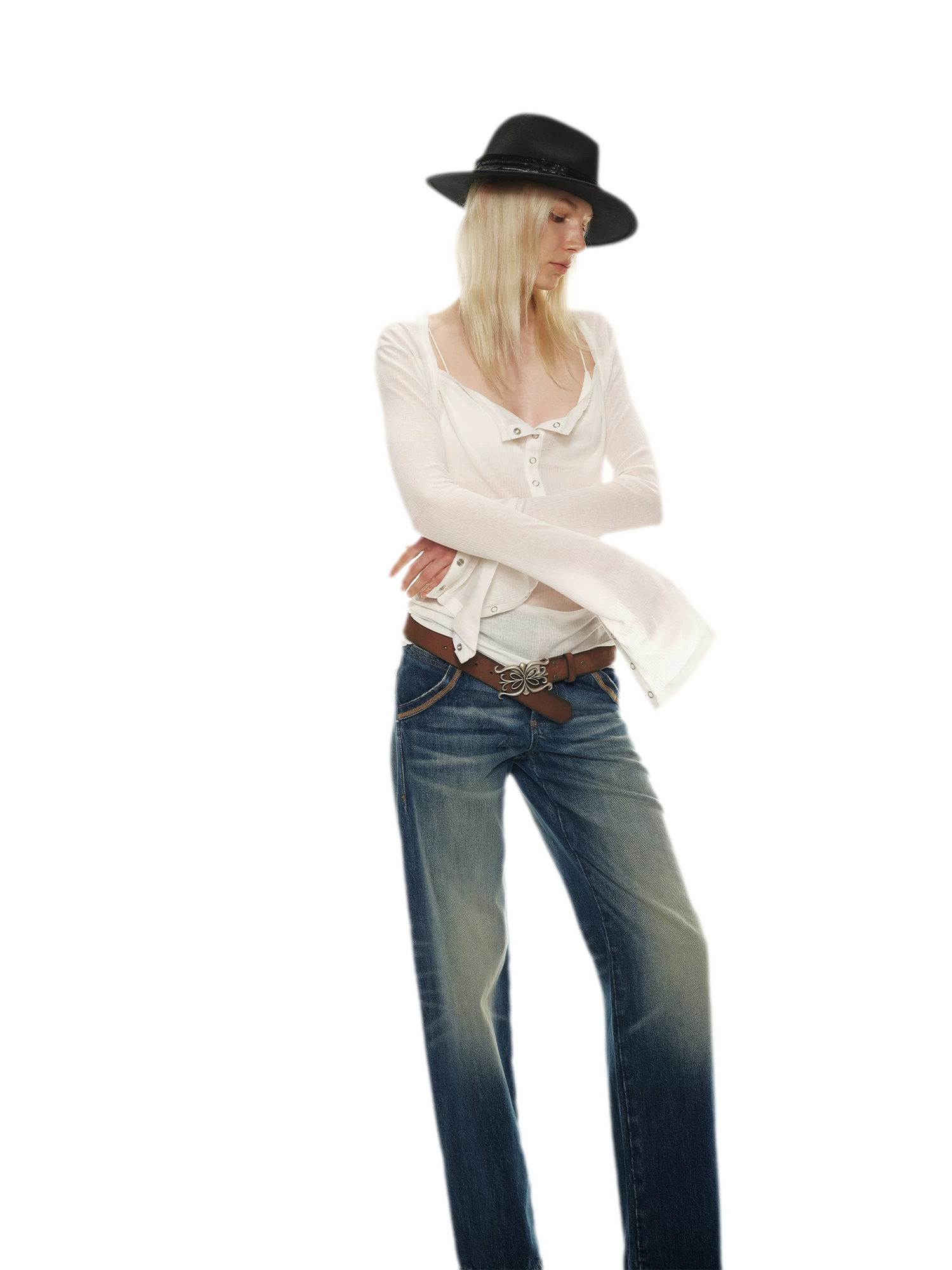 Classic Vintage Washed Distressed Wide-Leg Jeans