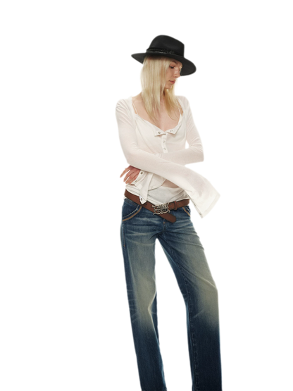 Classic Vintage Washed Distressed Wide-Leg Jeans