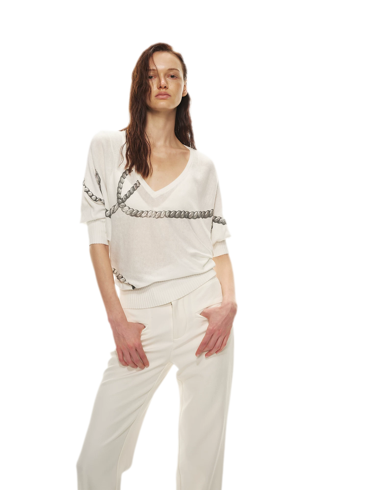 Sheer Asymmetric Chain Print Pullover Top