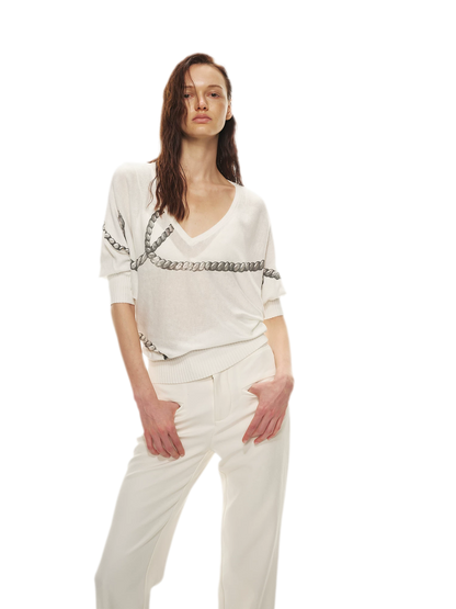 Sheer Asymmetric Chain Print Pullover Top