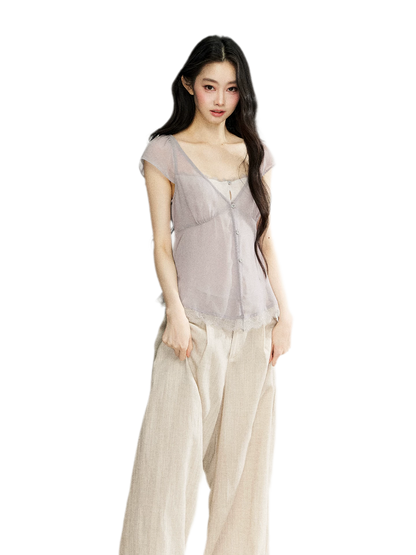 Lace Trim V-Neck T-Shirt