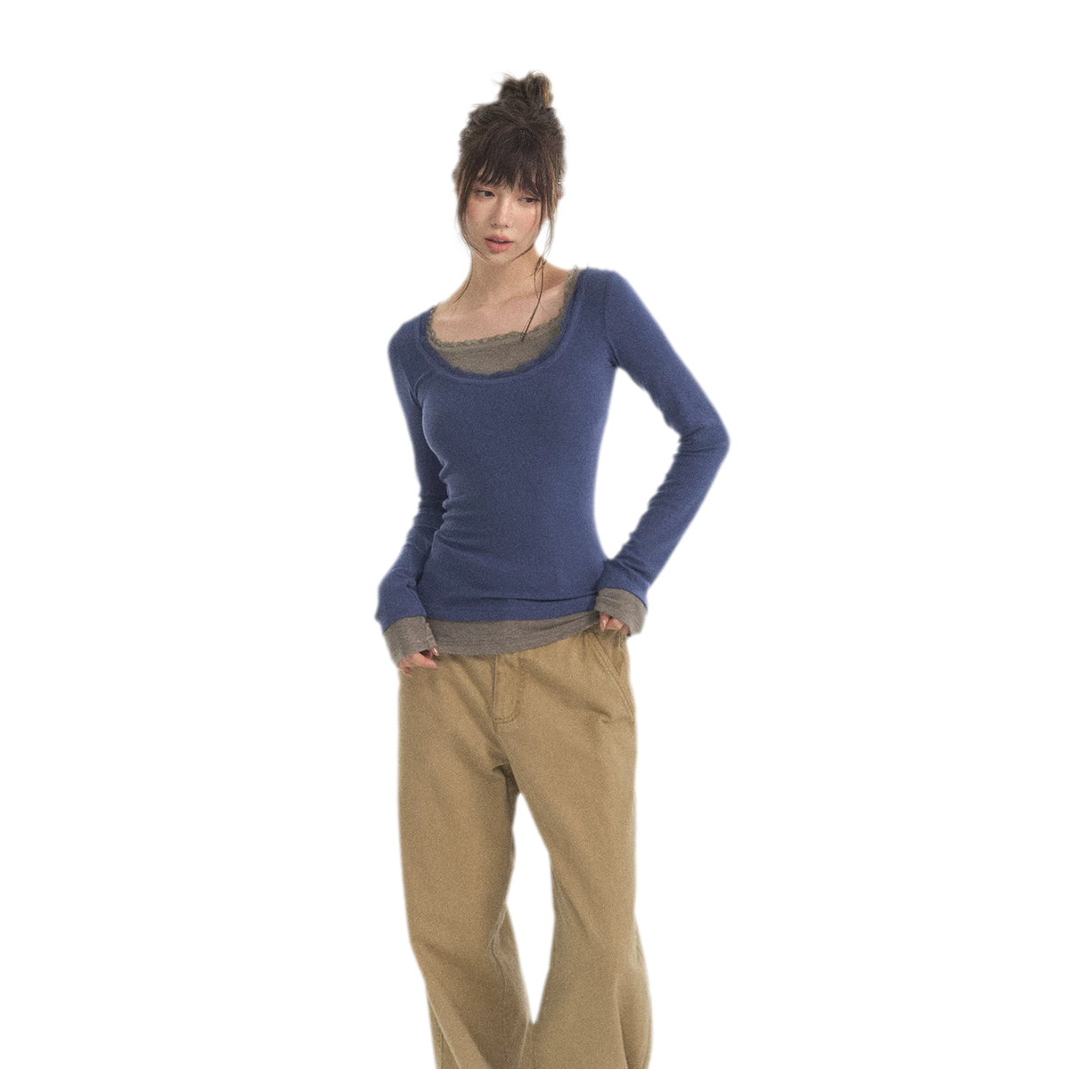 Mehrlagiges Stricktop mit Spitzenbesatz