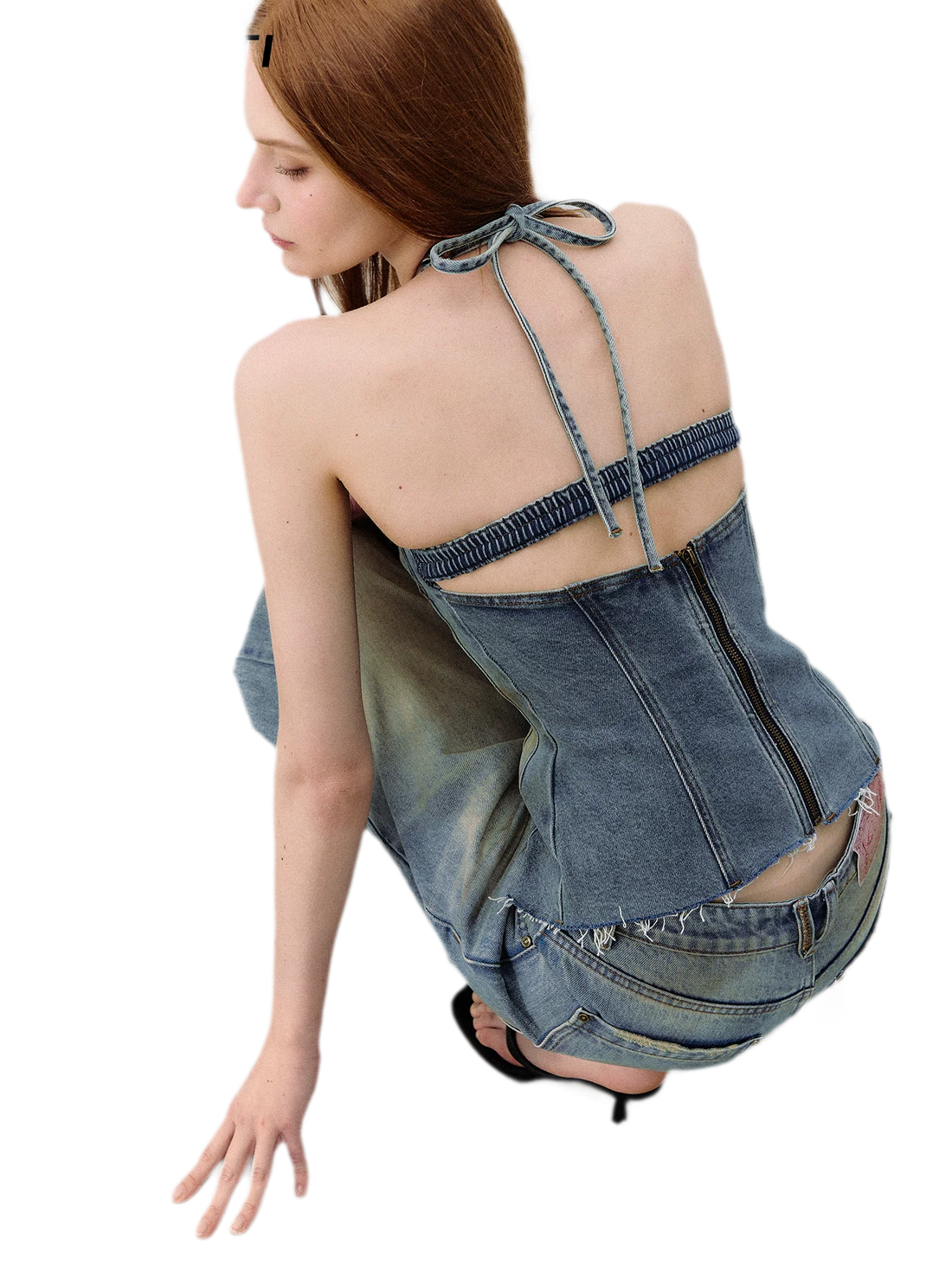 Denim Halter Top and Wide-Leg Jeans Set