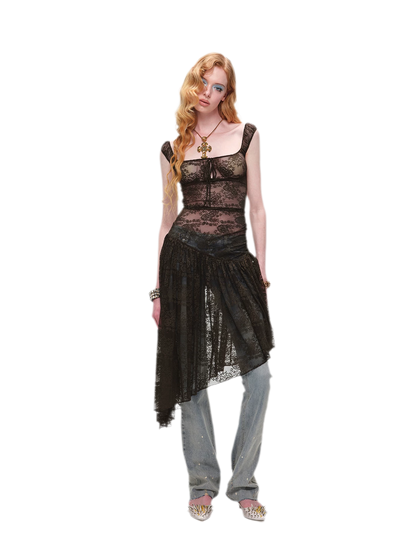 Lace Irregular Hem U-Neck Dress