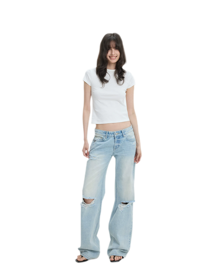 Washed Distressed Straight-Leg Jeans