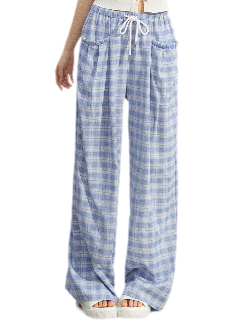 Lace Trim Plaid Wide-Leg Pants