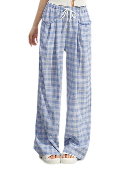 Lace Trim Plaid Wide-Leg Pants