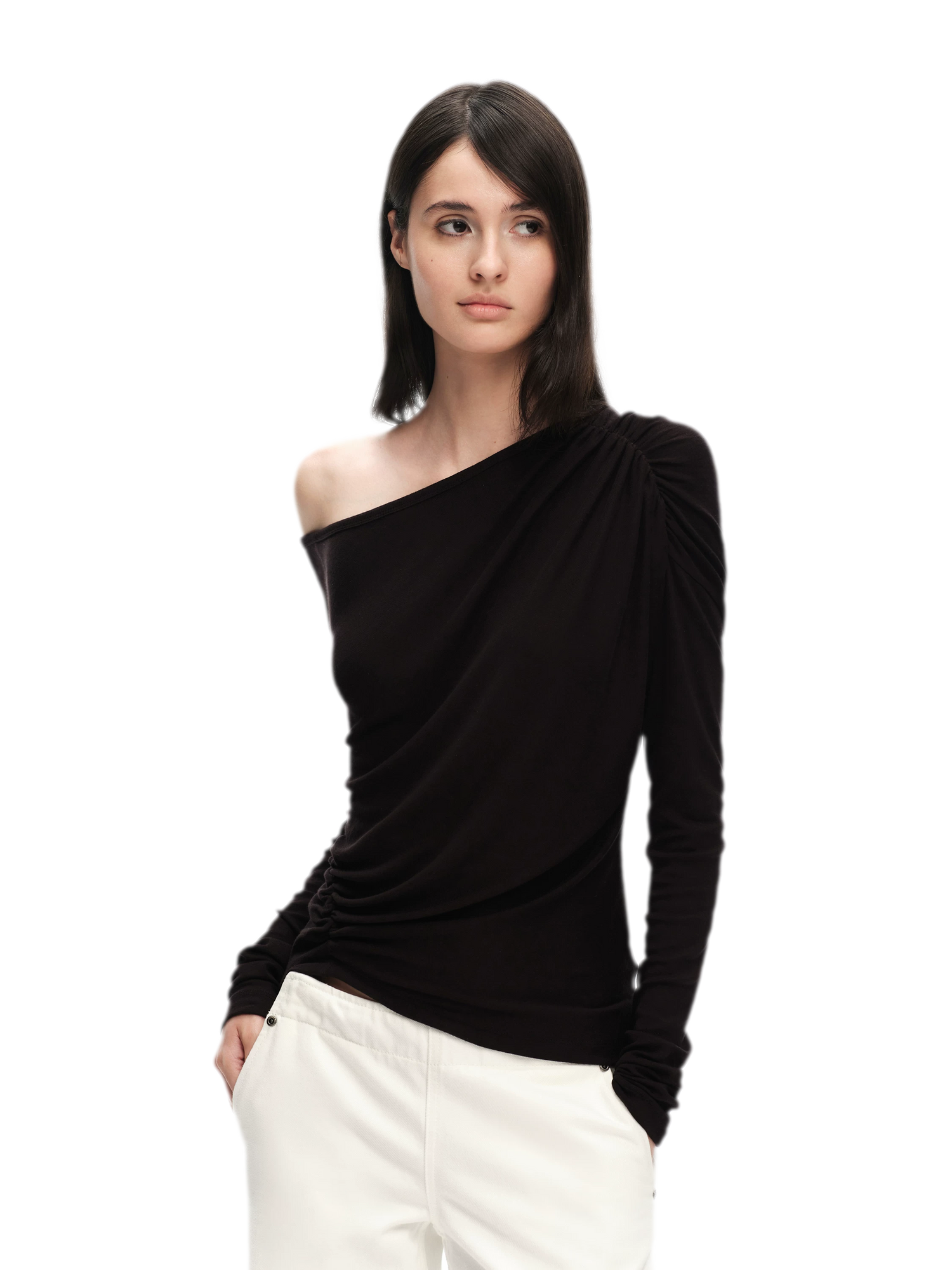 Wool Lyocell Ruched Shoulder Top