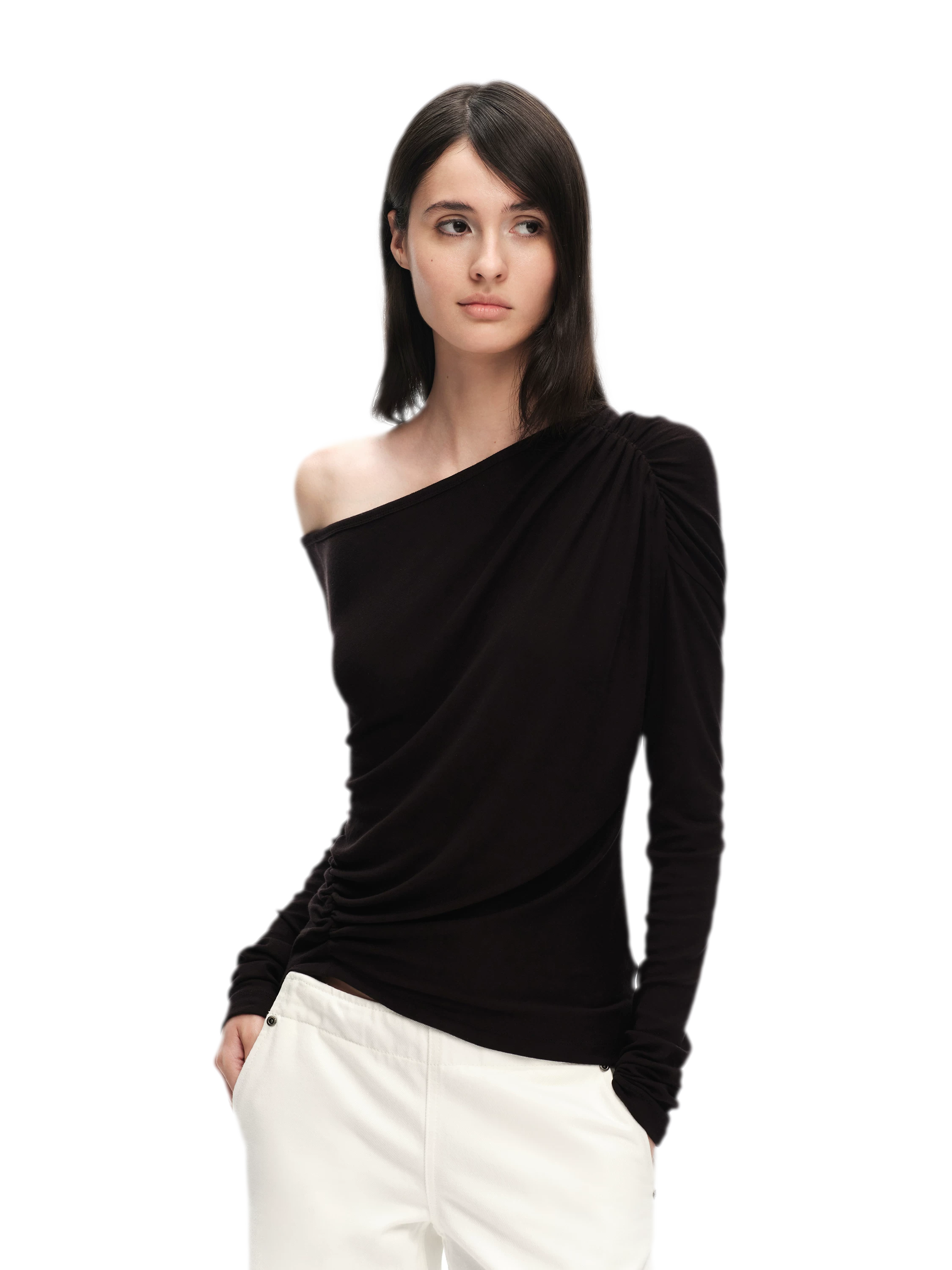 Wool Lyocell Ruched Shoulder Top