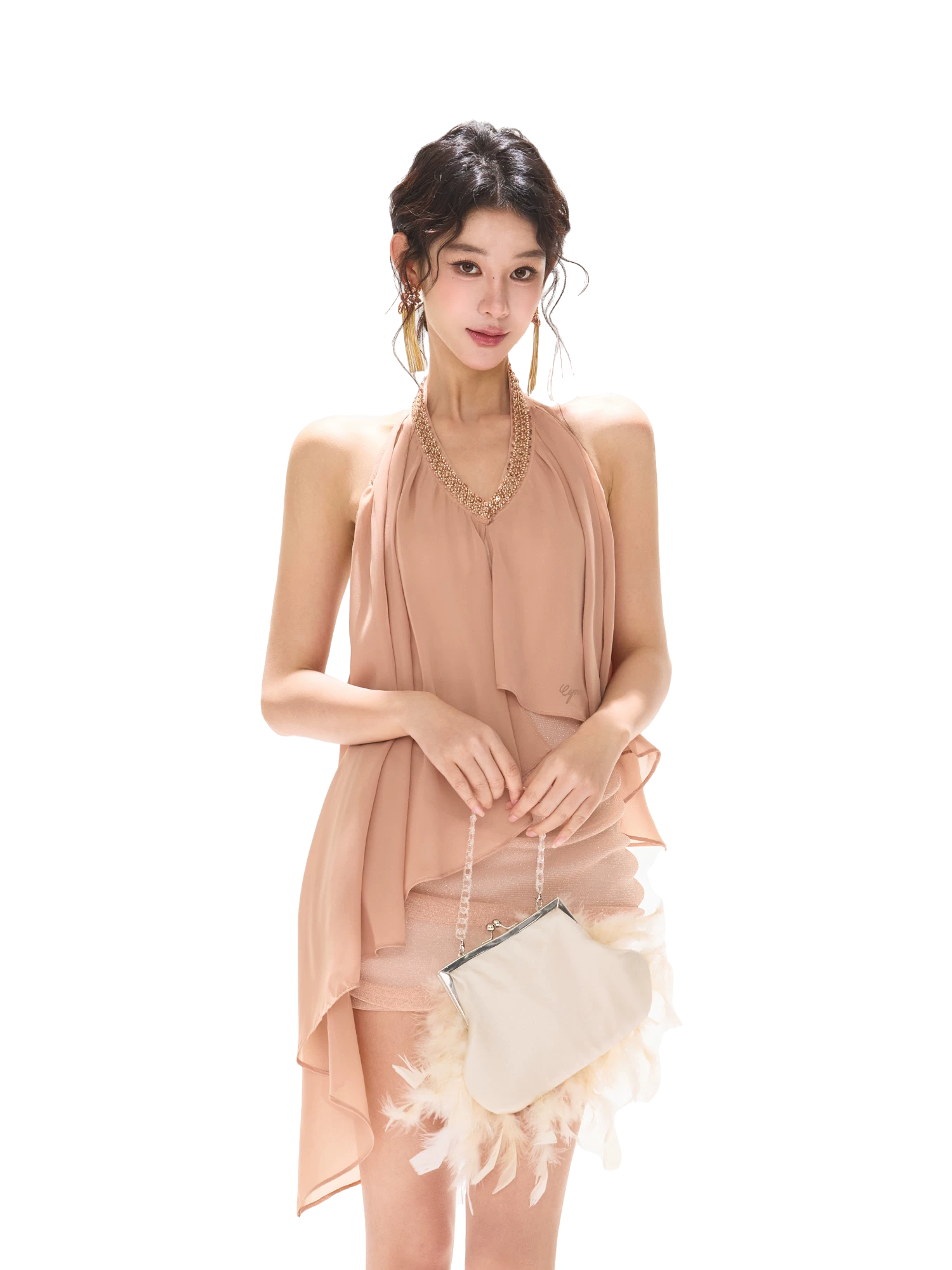 Floating Light Halter V-Neck Beaded Chiffon Dress