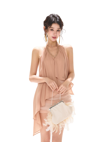 Floating Light Halter V-Neck Beaded Chiffon Dress