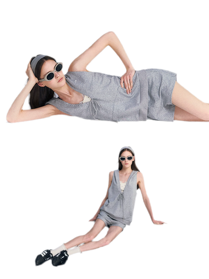 U-Neck Hoodie Vest Set