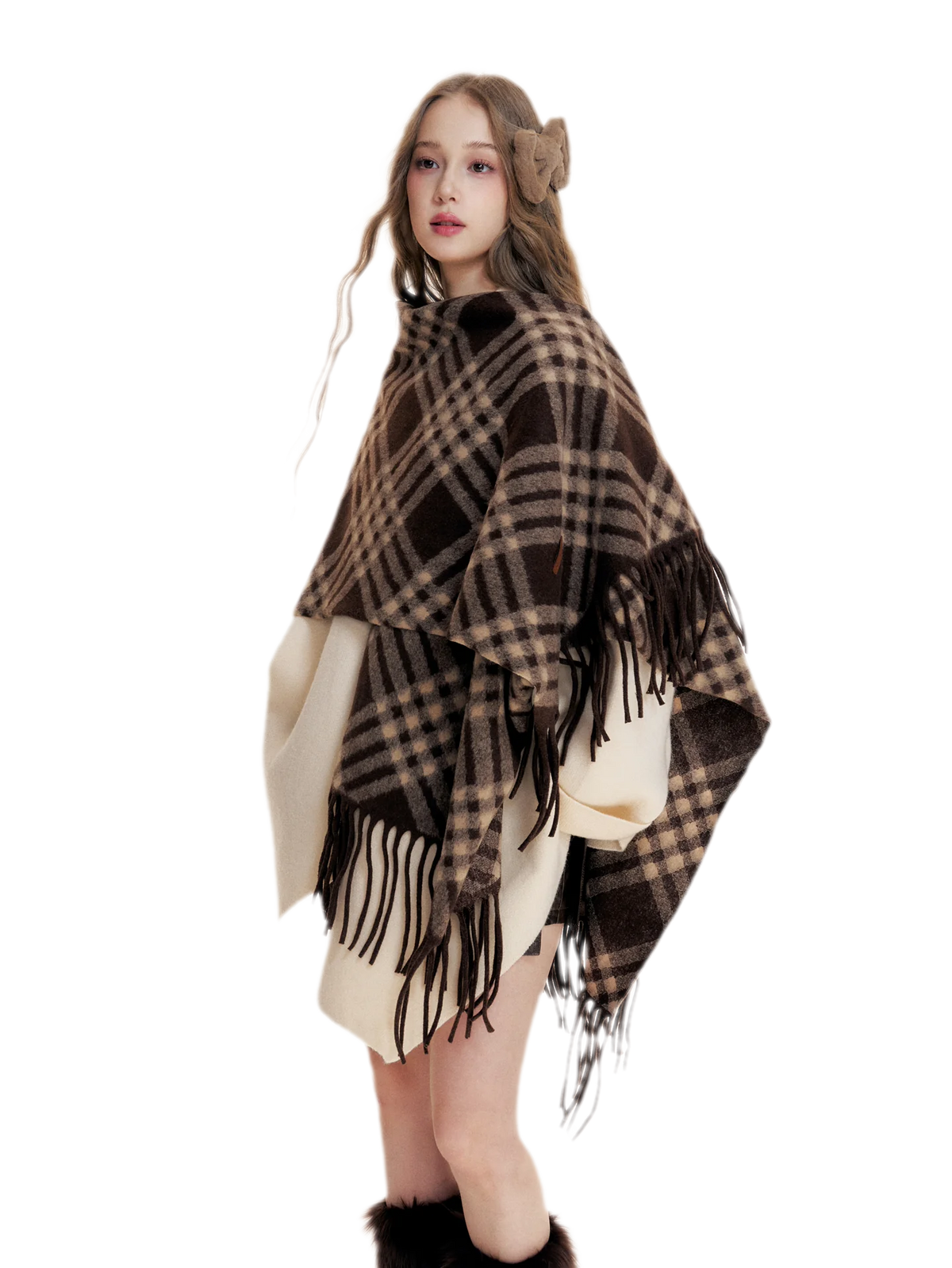 Fleece Checked Fringe Poncho