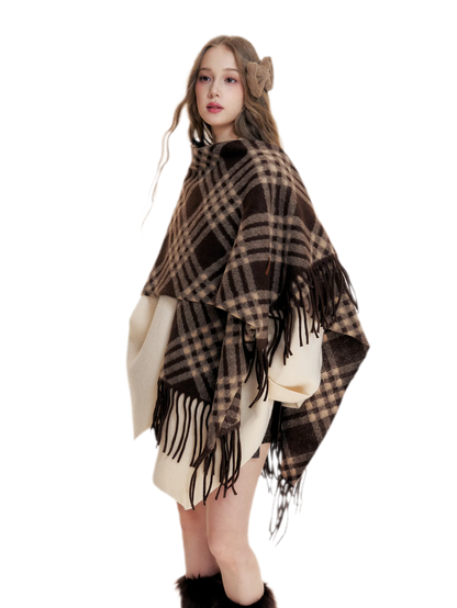 Fleece Checked Fringe Poncho