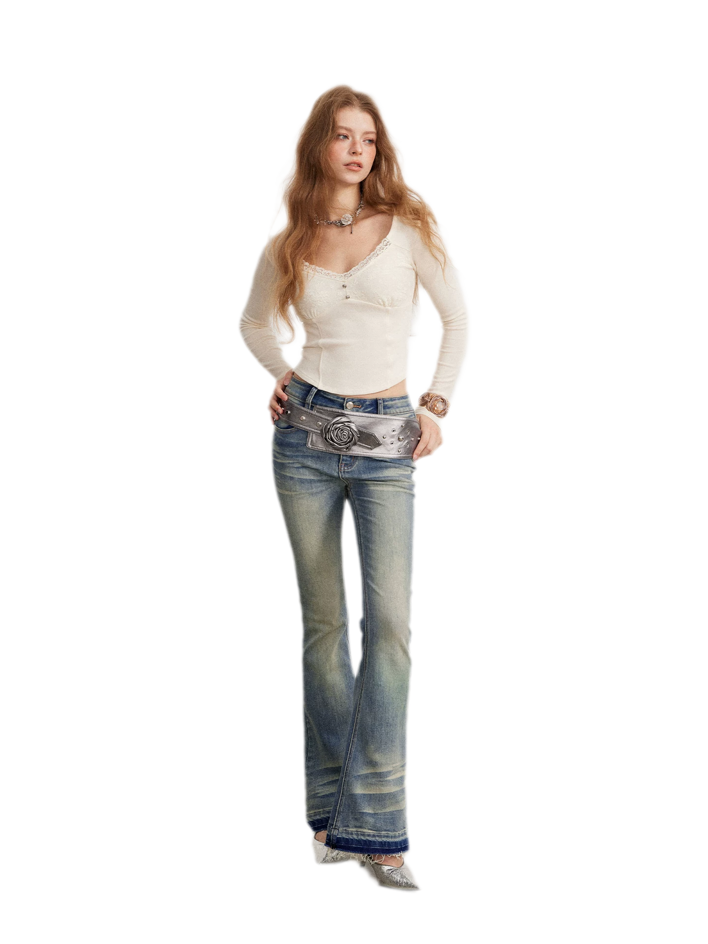 Washed Micro-Flare Contrast-Hem Jeans