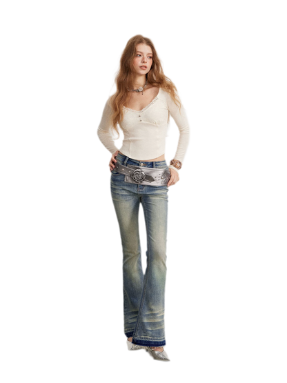 Washed Micro-Flare Contrast-Hem Jeans