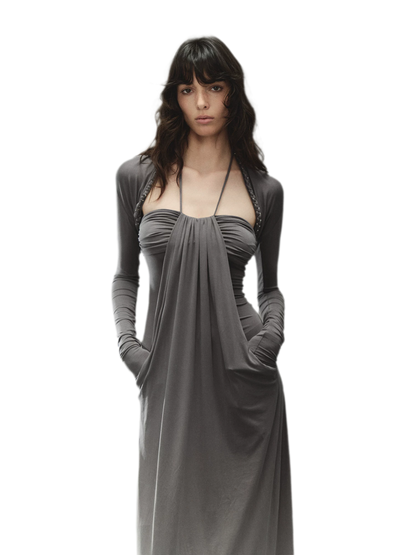 Laisel Handwoven Twist Metallic Chain Pleated Halter Dress