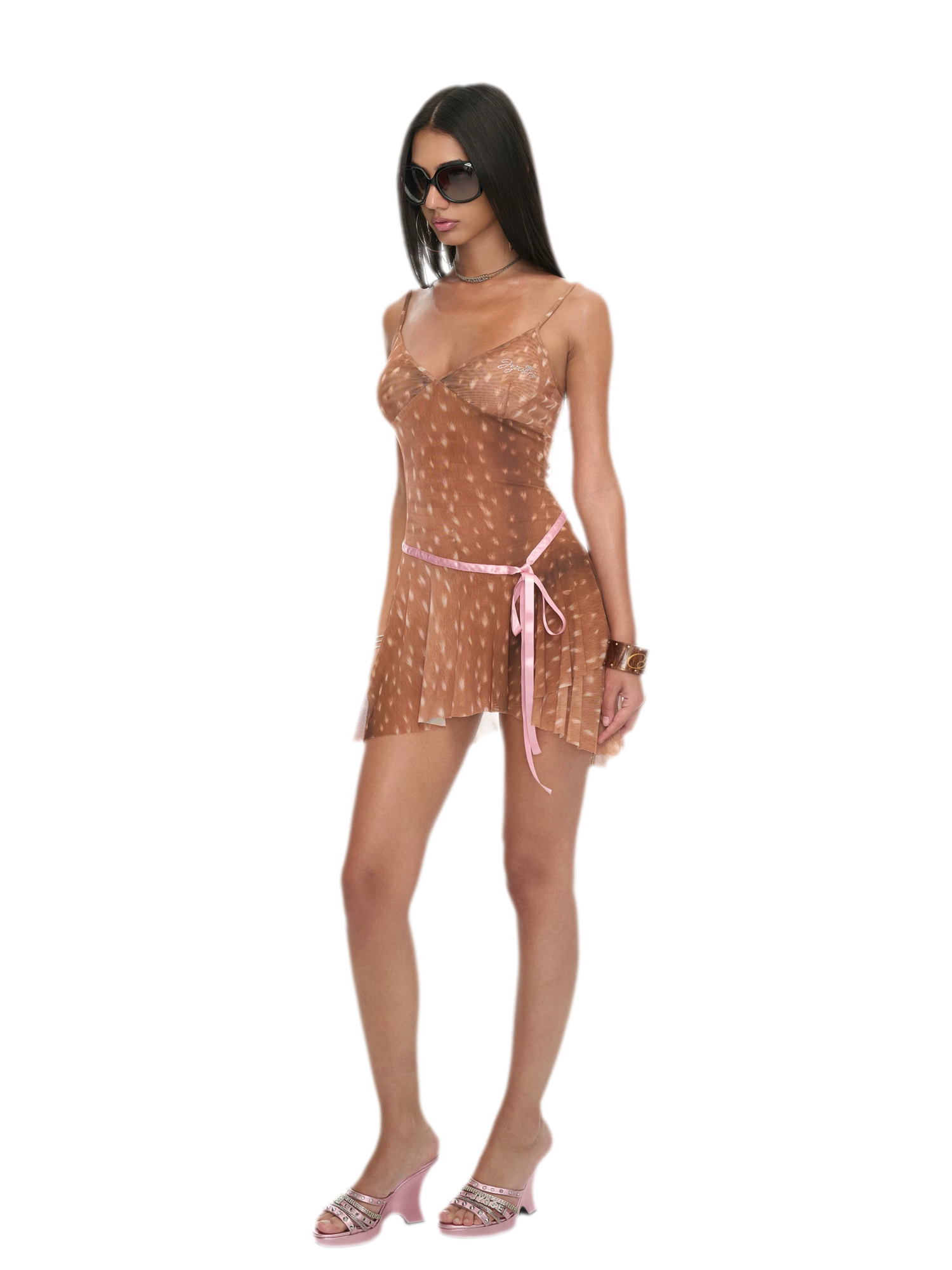 Deer Print Sheer Ribbon Dress