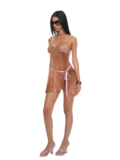 Deer Print Sheer Ribbon Dress