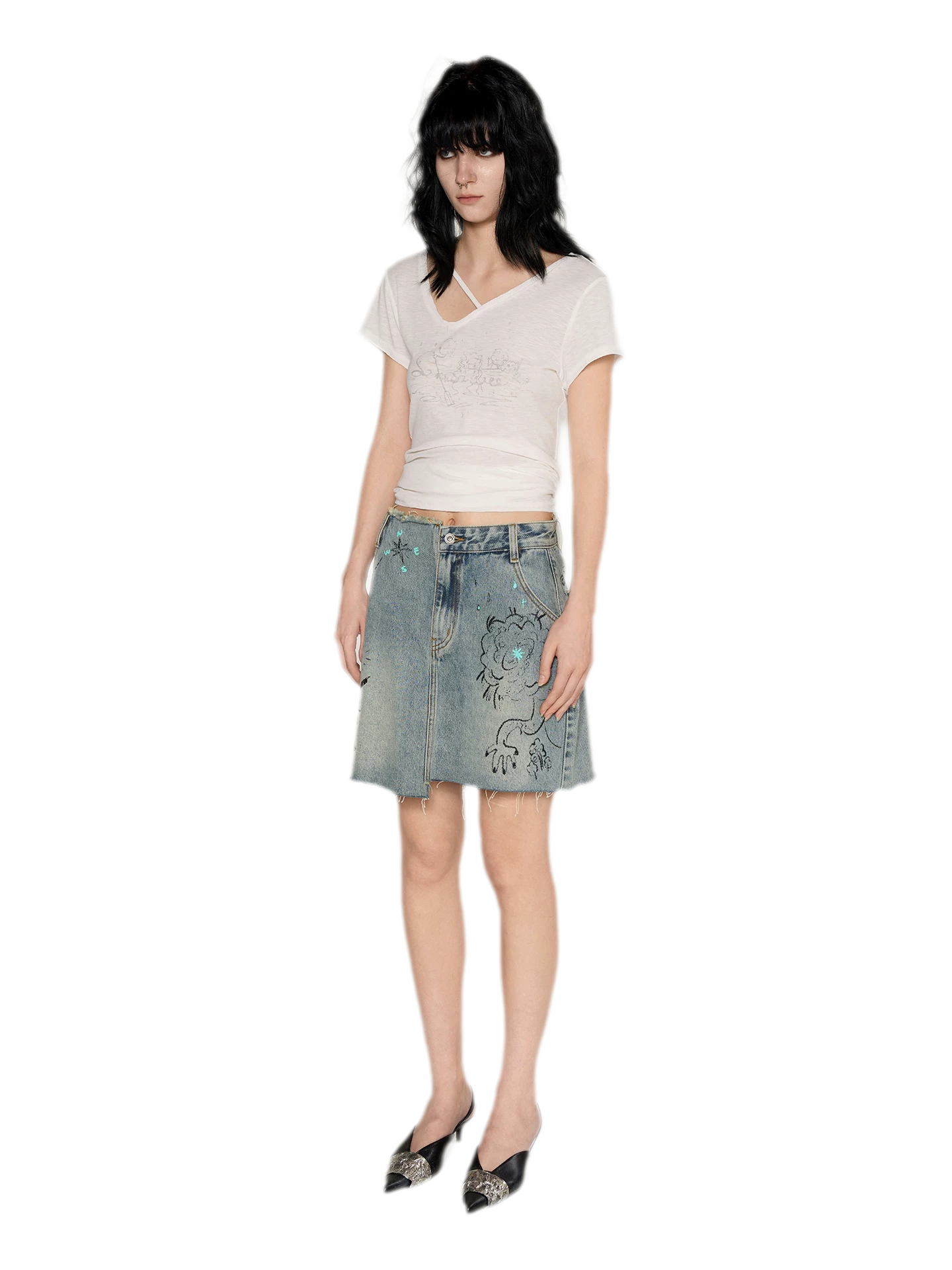 Washed Graffiti A-Line Denim Skirt