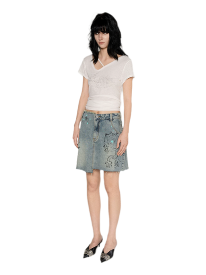 Washed Graffiti A-Line Denim Skirt