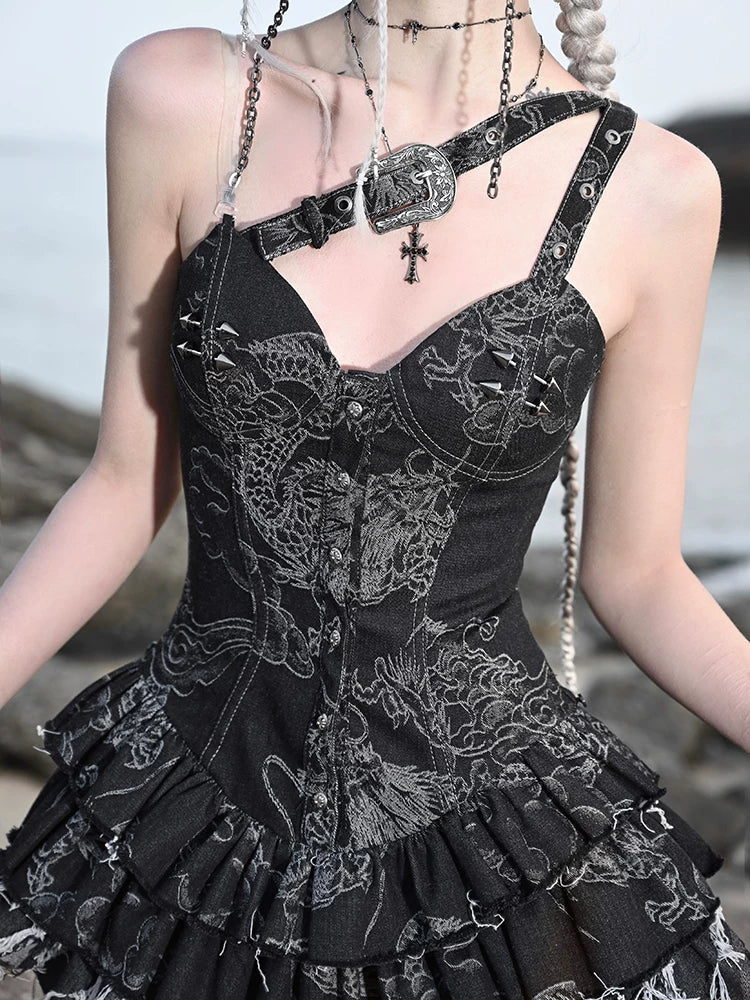 Dragon Embroidered Corset Denim Dress