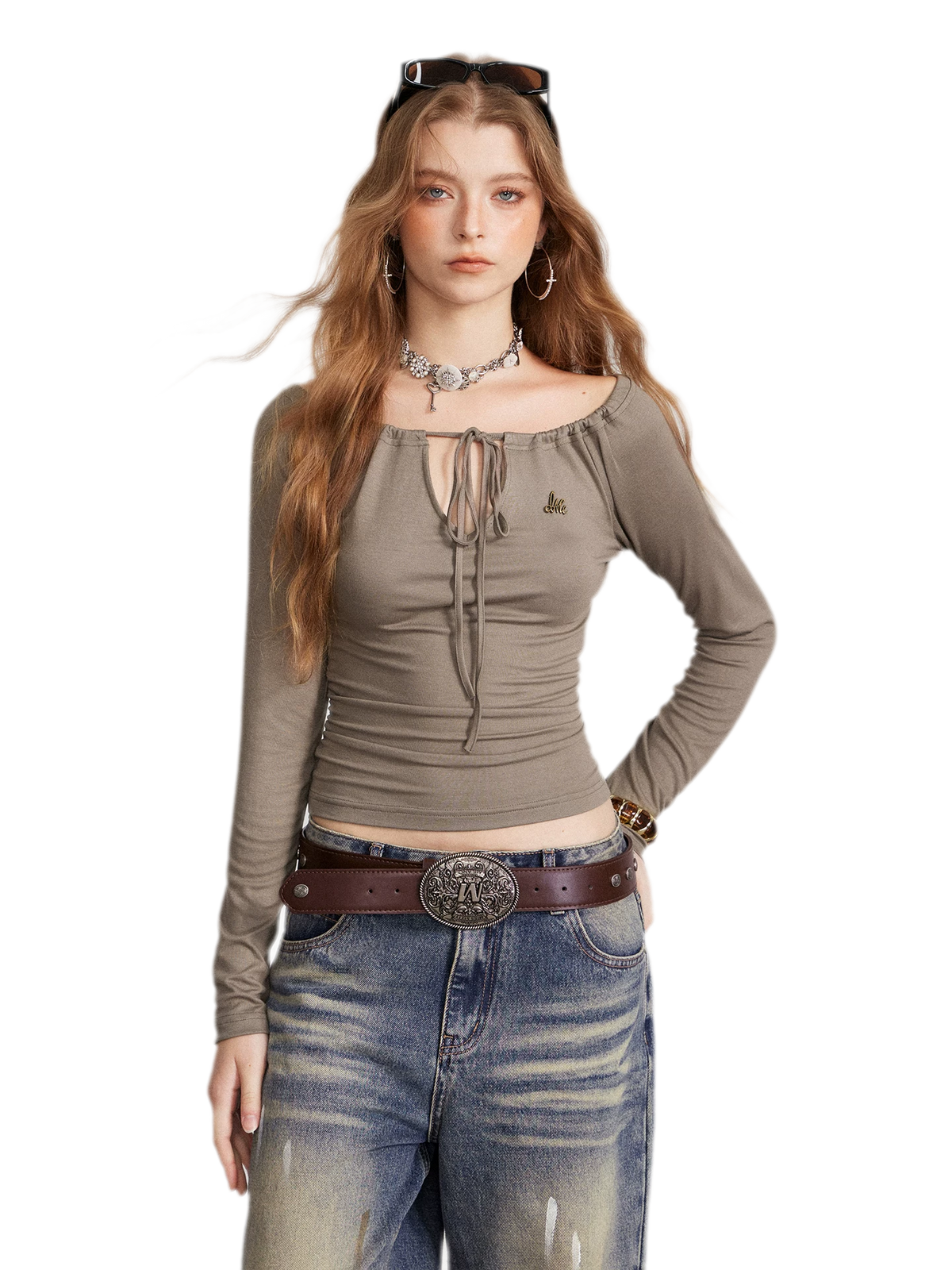 Drawstring Off-Shoulder Long-Sleeve Top